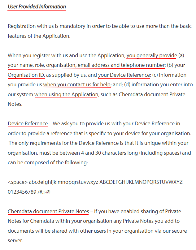 Chemdata App Privacy Policy: Information Collected clause - User Provided Information section