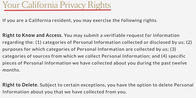 Claridges CCPA Privacy Notice: Your California Privacy Rights clause excerpt