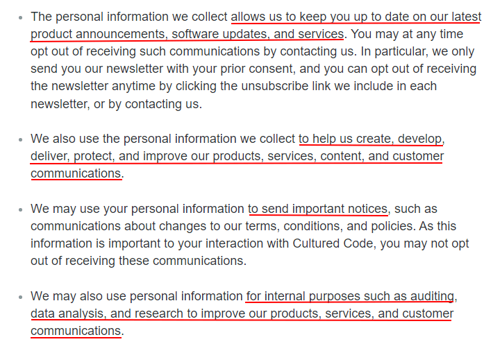 Cultured Code Privacy Policy: How we use your information clause excerpt