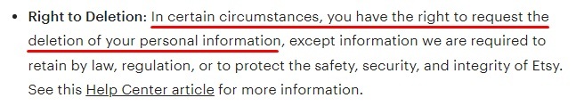 Etsy Privacy Policy: Your Rights and Choices clause - Right to Deletion section