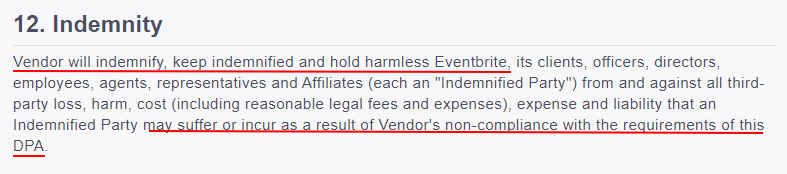 Eventbrite DPA: Indemnity clause