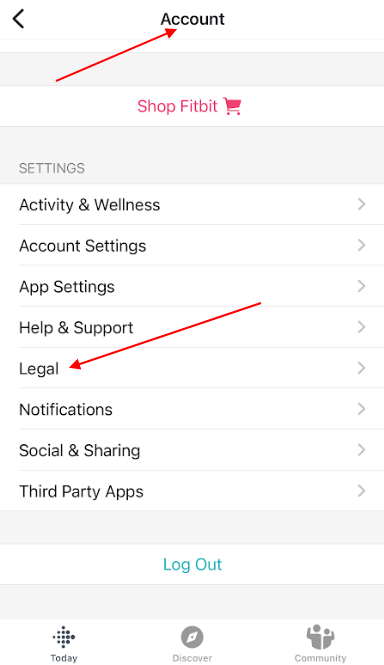 Fitbit iOS app Account menu  with legal menu highlighted