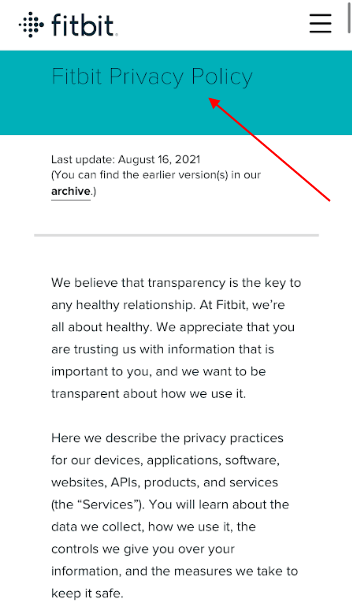 Fitbit iOS app Privacy Policy screenshot