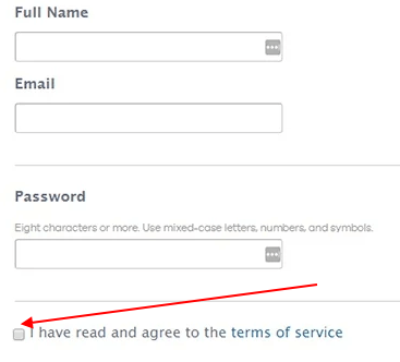 Generic sign up for account form with agree to Terms of Service checkbox highlighted