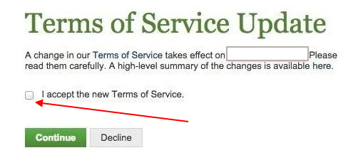 Generic Terms update notice with Accept checkbox highlighted