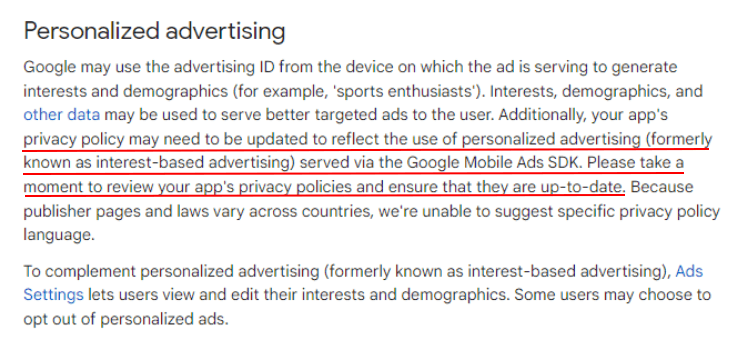 Google Behavioral Policies: Personalized Advertising section