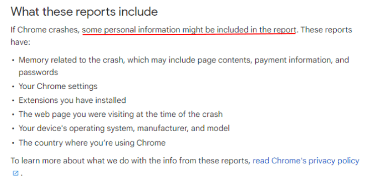 Google Chrome Help: What crash reports include section