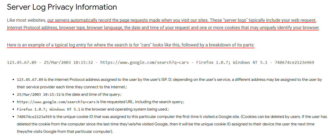 Google Chrome Privacy Notice: Server Log Privacy Information clause