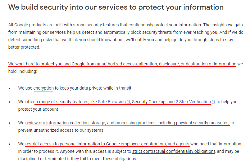 Google Privacy Policy: Security clause
