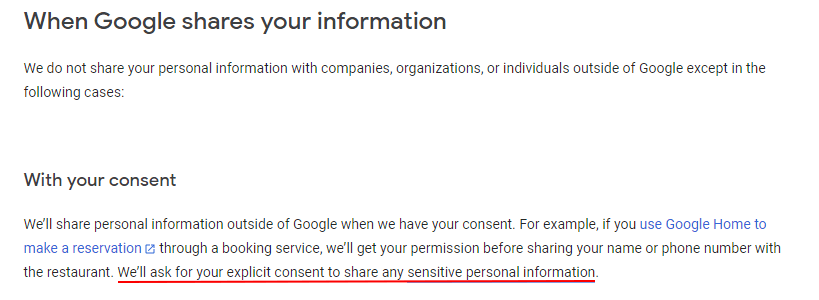 Google Privacy Policy: When Google Shares Your Information clause: With Your Consent section - Sensitive personal information highlighted