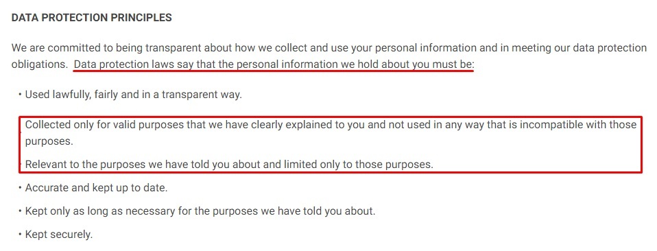Gymshark Privacy Notice: Data Protection Principles clause