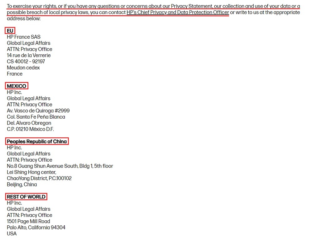 HP Privacy Statement: Exercising Your Rights and Contacting Us clause