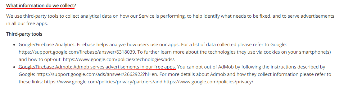 JG Mobile Privacy Policy: What Information do we Collect clause - Third-party Tools section - AdMob highlighted