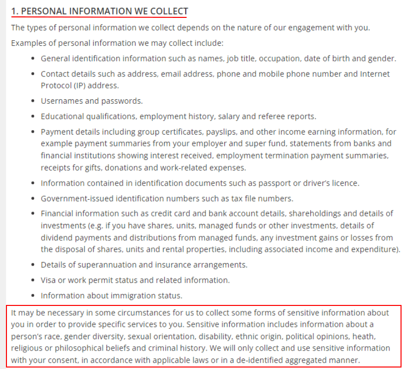 KPMG Privacy Policy: What personal information we collect clause: Sensitive information section highlighted