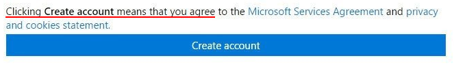 Microsoft Create Account form: Clicking means accept section highlighted