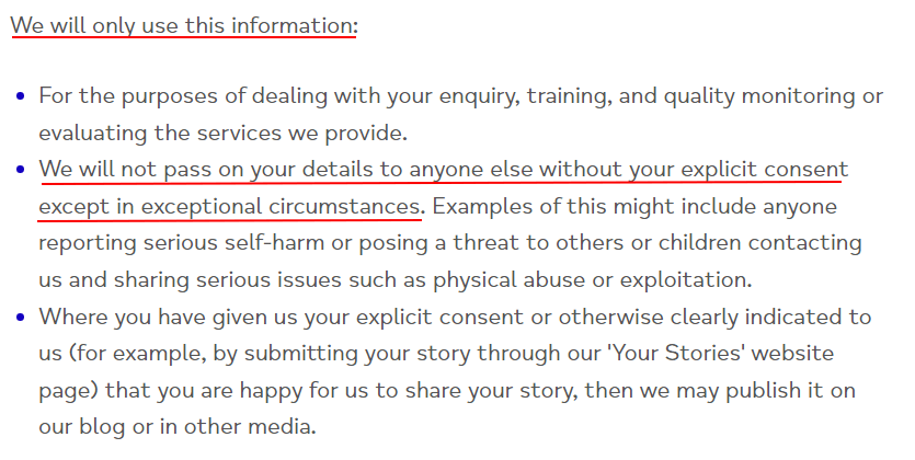 Mind Privacy Policy: Sensitive personal information clause - How we will use this information section with consent highlighted