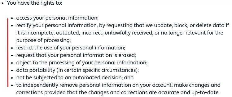 Modo Privacy Policy: What are your privacy rights clause excerpt