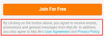 MyLife Create Account form with Agree section highlighted