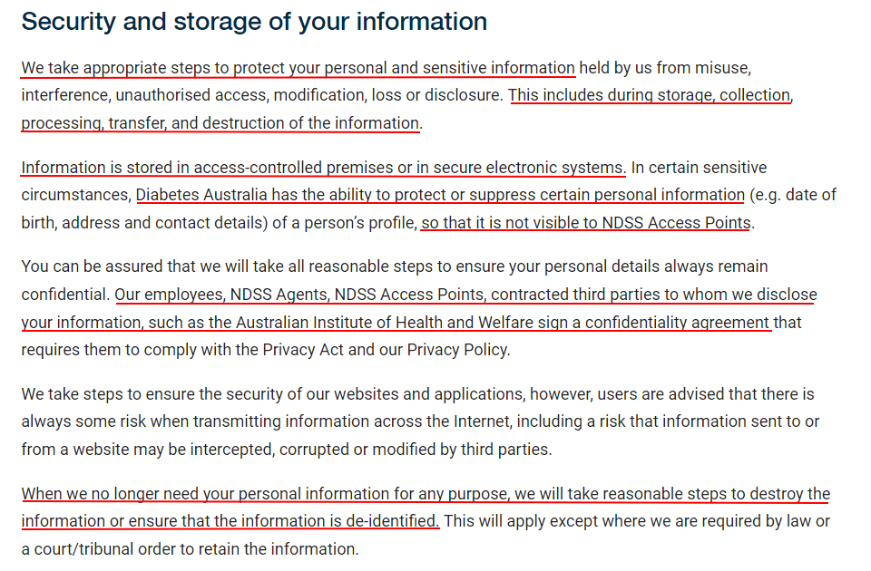 NDSS Privacy Policy: Security and Storage of your Information clause