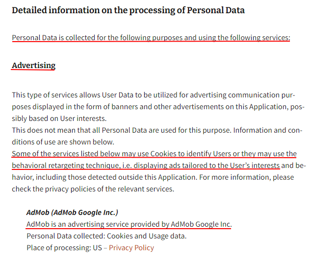 NikitaDev Privacy Policy: Detailed Information on the Processing Personal Data clause - Advertising section with AdMob