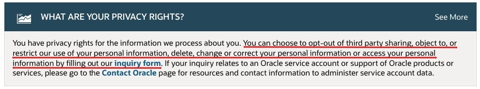 Oracle Privacy Policy: What are your privacy rights clause with inquiry form link highlighted