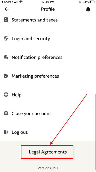 PayPal mobile app Account screen with Legal Agreements highlighted