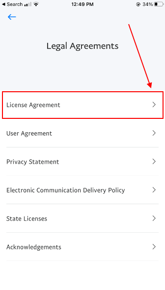 PayPal mobile app Legal Agreements screen with License Agreement highlighted