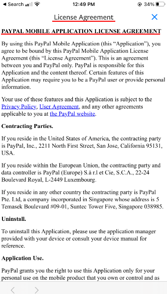 PayPal Mobile App License Agreement screenshot