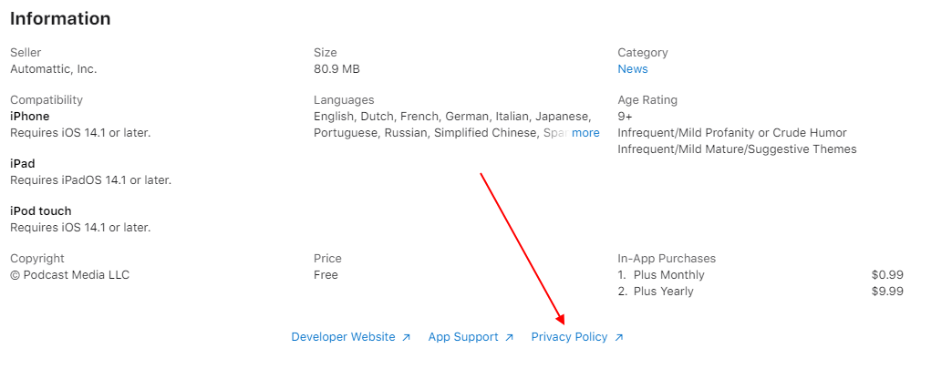 Pocket-casts Apple App Store listing with Privacy Policy link highlighted - Updated for 2022