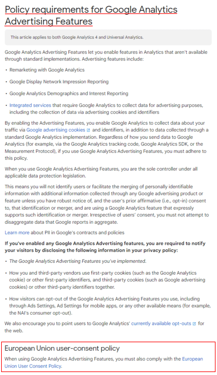 Policy Requirements for Google Analytics Advertising Features - EU User Consent Policy highlighted - Updated for 2022