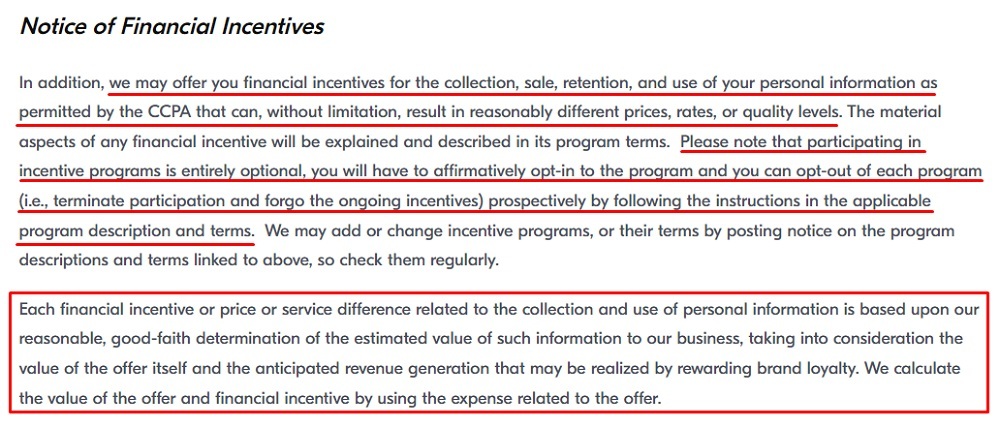 Qapital California Privacy Notice: Notice of Financial Incentives clause