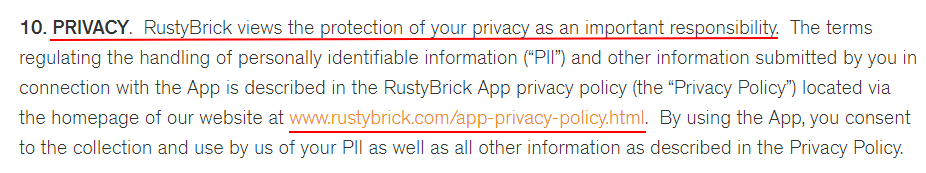 RustyBrick Mobile EULA: Privacy clause