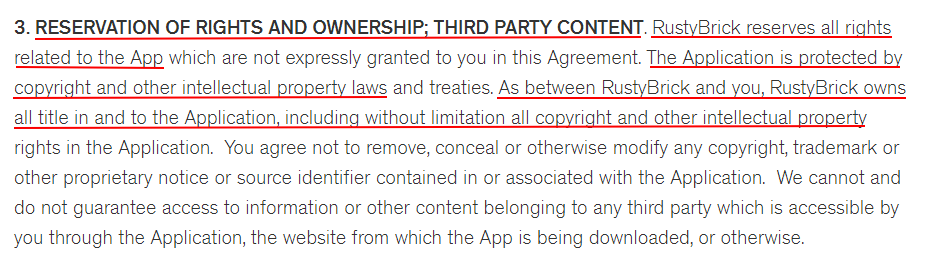 RustyBrick Mobile EULA: Reservation of Rights and Ownership and Third Party Content clause