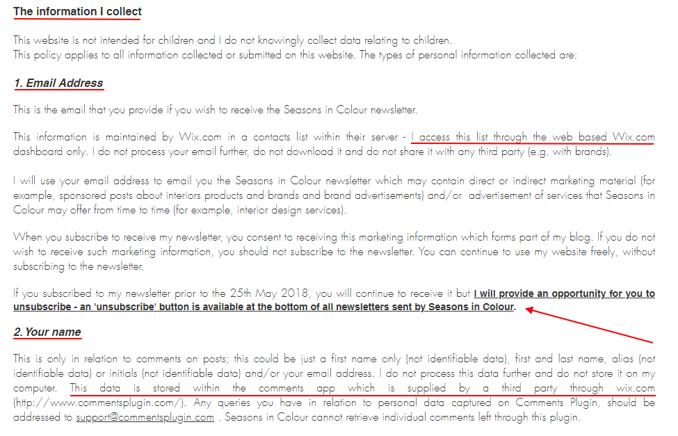 Seasons Colour Privacy Policy: Information I collect clause excerpt with Wix section highlighted
