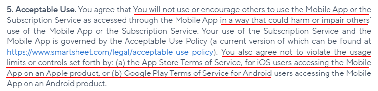 Smartsheet Mobile App EULA: Acceptable Use clause