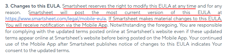 Smartsheet Mobile App EULA: Changes clause