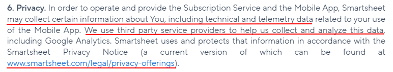 Smartsheet Mobile App EULA: Privacy clause