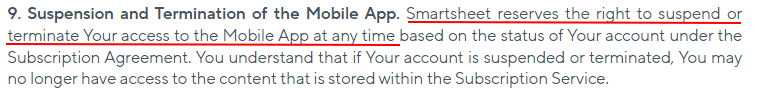 Smartsheet Mobile App EULA: Suspension and Termination clause