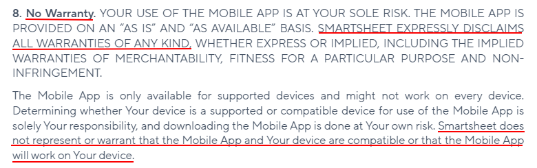 Smartsheet Mobile App EULA: Warranty clause