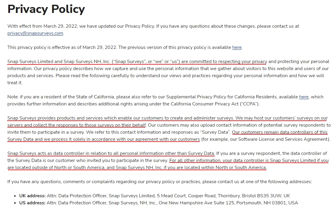 Snap Surveys Privacy Policy: Intro section - Data Controllers highlighted