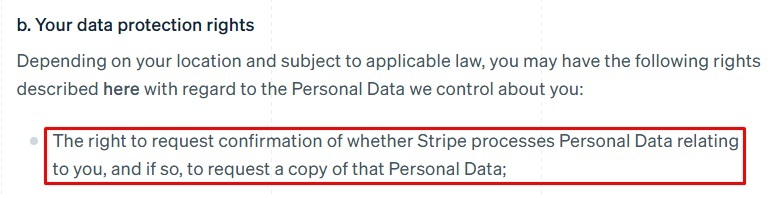 Stripe Privacy Policy: Your data protection rights clause excerpt