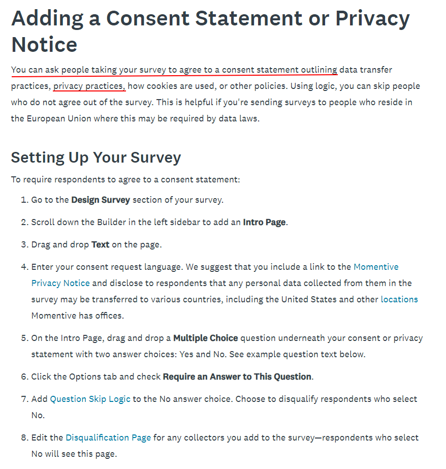 SurveyMonkey Adding a Consent Statement or Privacy Notice page