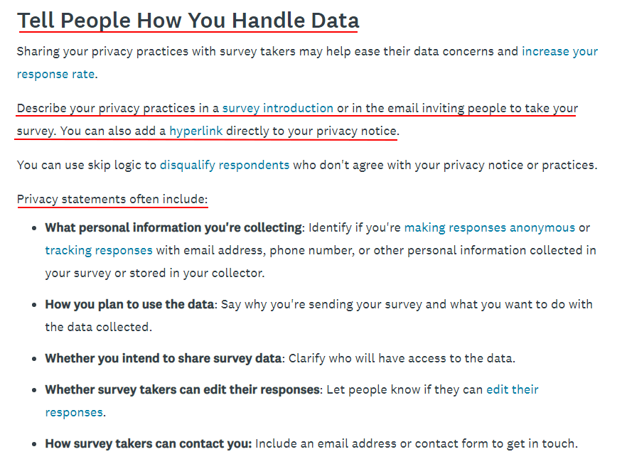 SurveyMonkey Data Collection and Privacy Best Practices page: Tell People How You Handle Data section