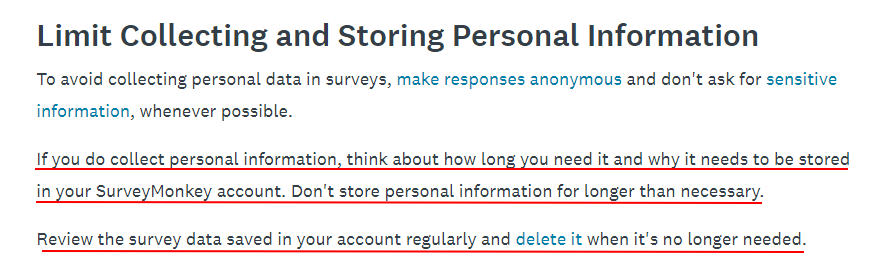 SurveyMonkey Data Collection and Privacy Best Practices page: Limit Collecting and Storing Personal Information section