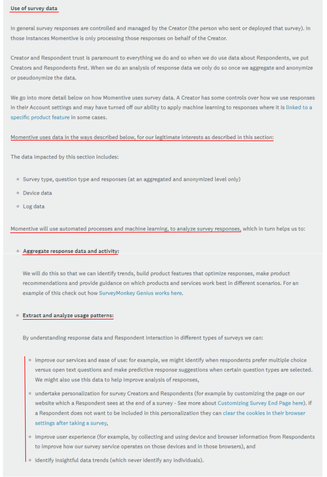 SurveyMonkey Privacy Policy: How We Use Information - Respondent Survey Data clause