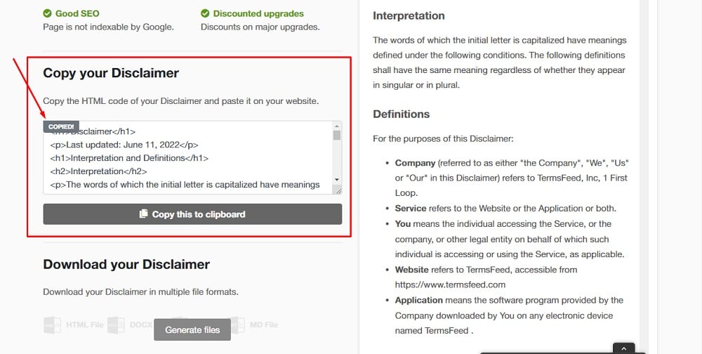 TermsFeed App: Disclaimer Download page - Copy your Disclaimer section highlighted