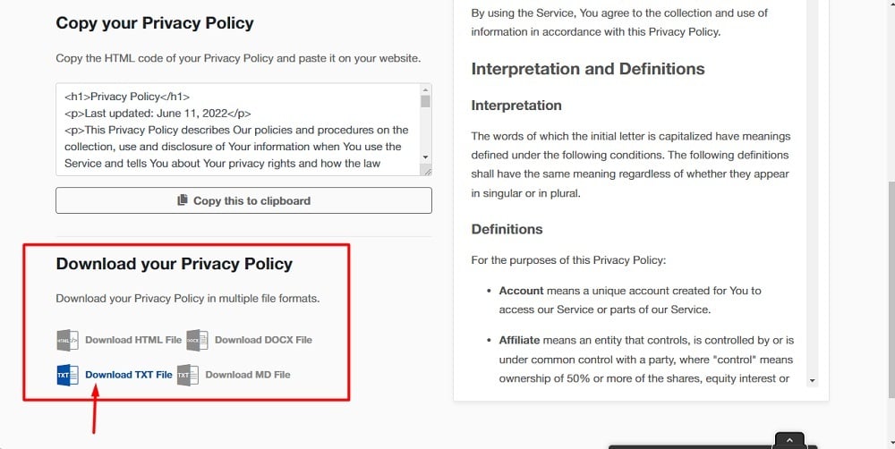 TermsFeed App: Privacy Policy Download page - Download your Privacy Policy - TXT file highlighted