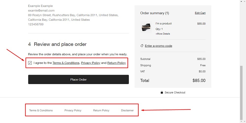 TermsFeed Wix: Checkout page with added Privacy Policy, Terms and Conditions, Return and Refund Policy and Disclaimer in footer highlighted