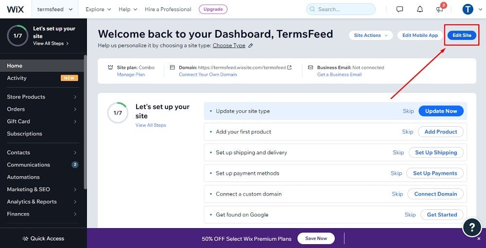 TermsFeed Wix: Edit site option highlighted in Dashboard