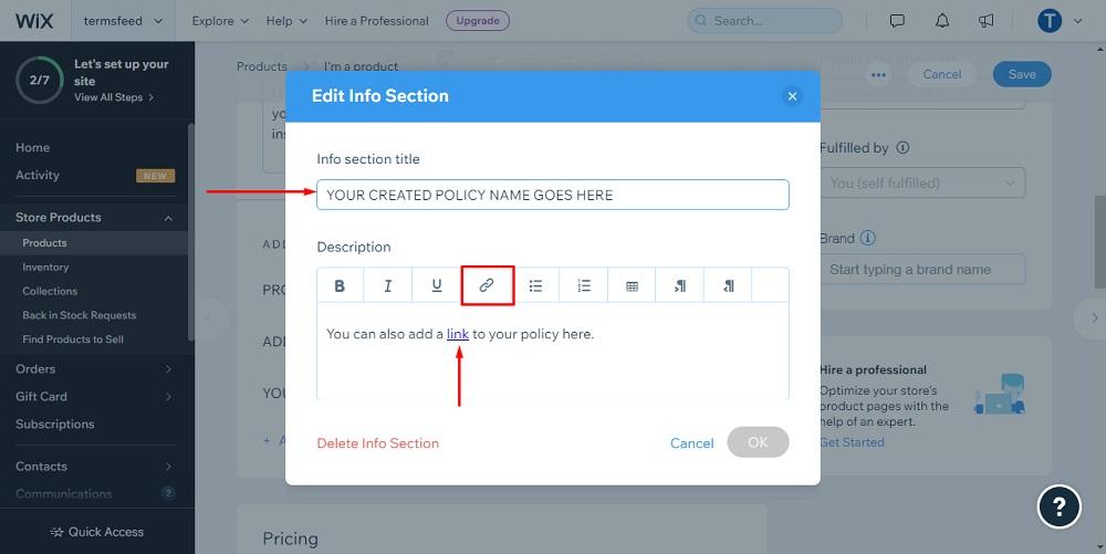 TermsFeed Wix: Dashboard - Product page with Add an Info Section - Editor with Link option highlighted